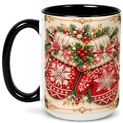 #pl[15oz|Black] Red Christmas Mittens Coffee Mug, Snowflake Winter Mug, Ceramic Cup