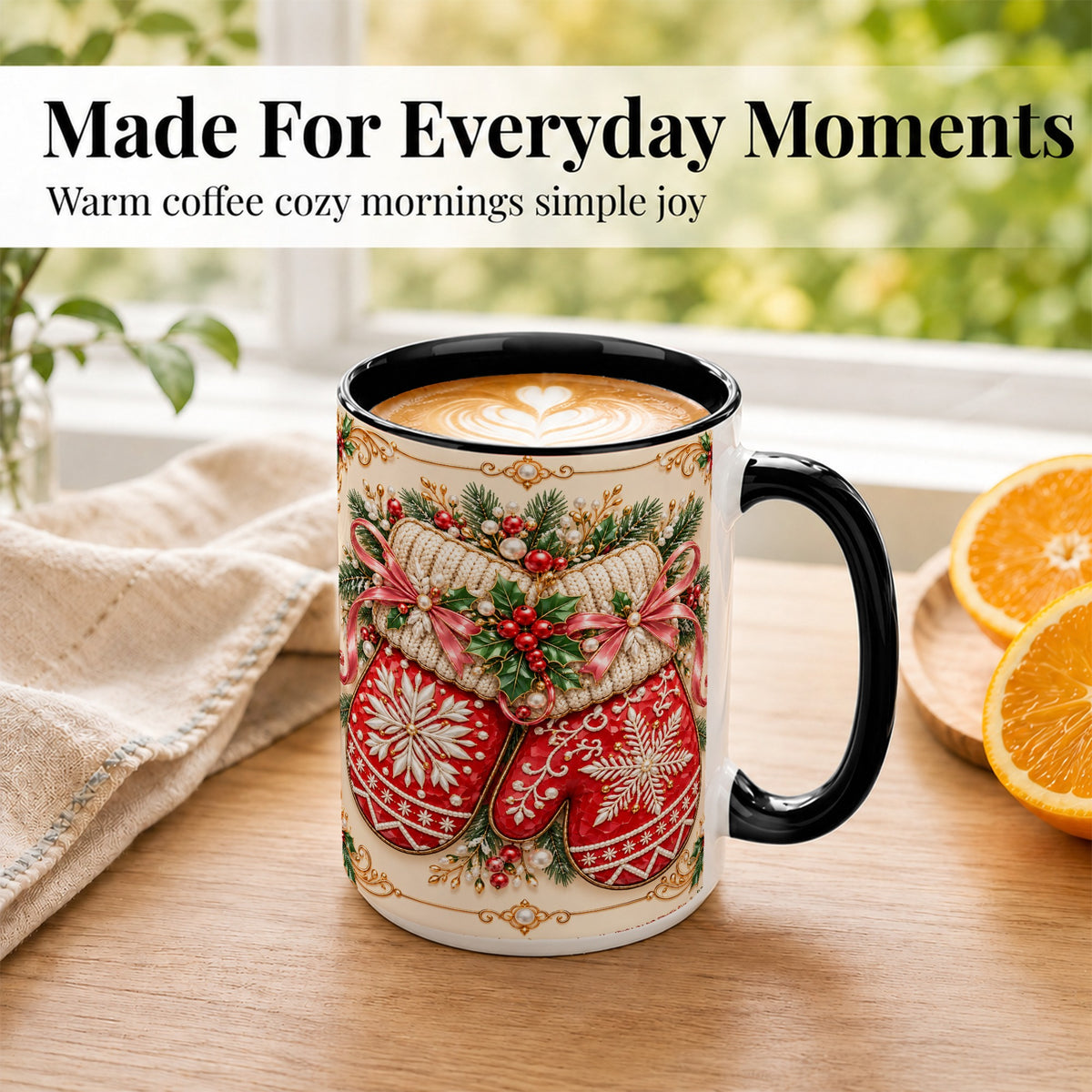 #pl[15oz|Black] Red Christmas Mittens Coffee Mug, Snowflake Winter Mug, Ceramic Cup