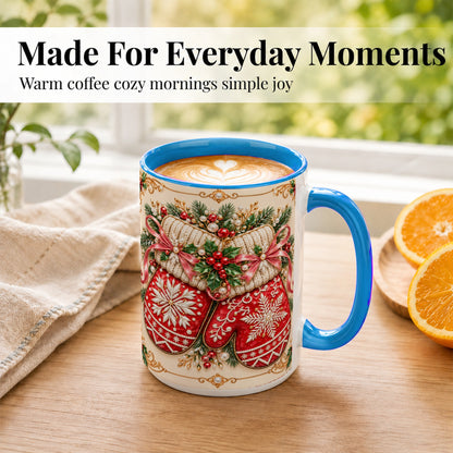#pl[15oz|Blue] Red Christmas Mittens Coffee Mug, Snowflake Winter Mug, Ceramic Cup