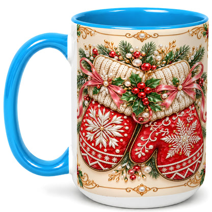 #pl[15oz|Blue] Red Christmas Mittens Coffee Mug, Snowflake Winter Mug, Ceramic Cup