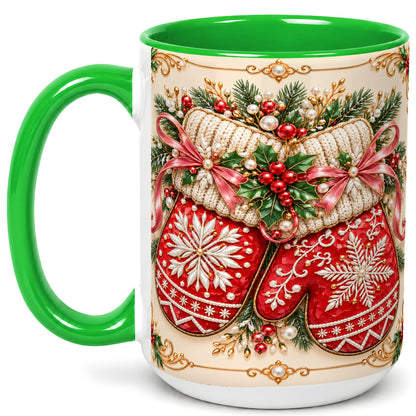 #pl[15oz|Green] Red Christmas Mittens Coffee Mug, Snowflake Winter Mug, Ceramic Cup