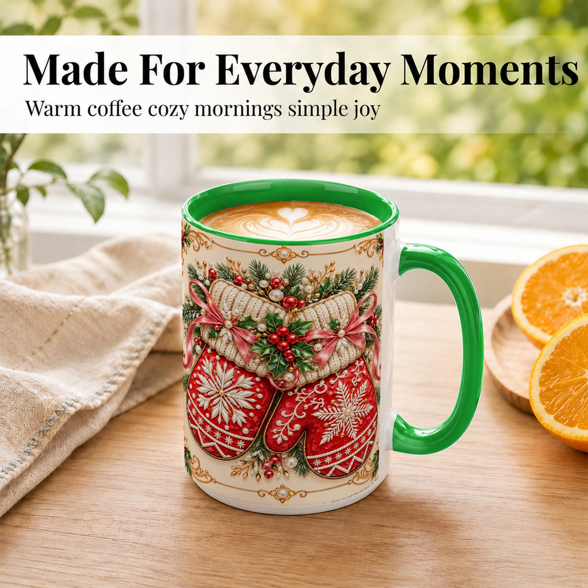 #pl[15oz|Green] Red Christmas Mittens Coffee Mug, Snowflake Winter Mug, Ceramic Cup