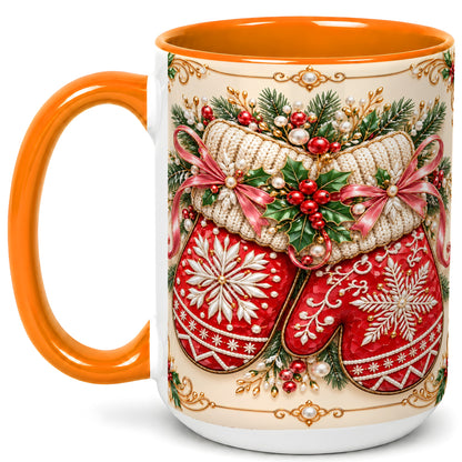 #pl[15oz|Orange] Red Christmas Mittens Coffee Mug, Snowflake Winter Mug, Ceramic Cup