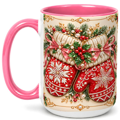 #pl[15oz|Pink] Red Christmas Mittens Coffee Mug, Snowflake Winter Mug, Ceramic Cup