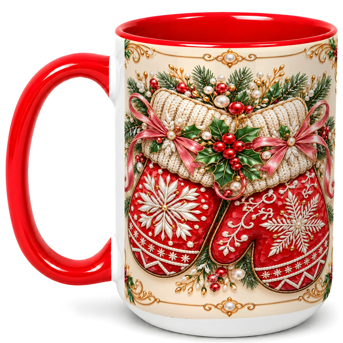 #pl[15oz|Red] Red Christmas Mittens Coffee Mug, Snowflake Winter Mug, Ceramic Cup