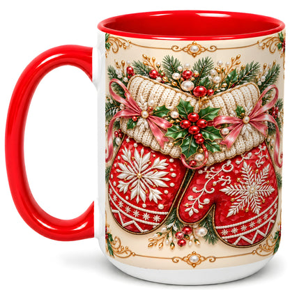 #pl[15oz|Red] Red Christmas Mittens Coffee Mug, Snowflake Winter Mug, Ceramic Cup