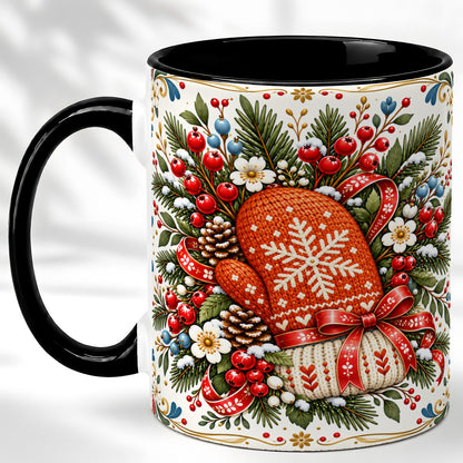 #pl[11oz|Black] Christmas Mittens Coffee Mug, Winter Floral Mug, Ceramic Cup