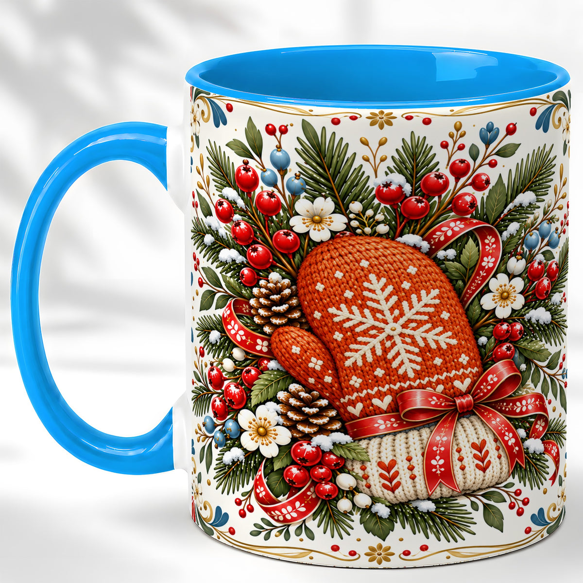 #pl[11oz|Blue] Christmas Mittens Coffee Mug, Winter Floral Mug, Ceramic Cup
