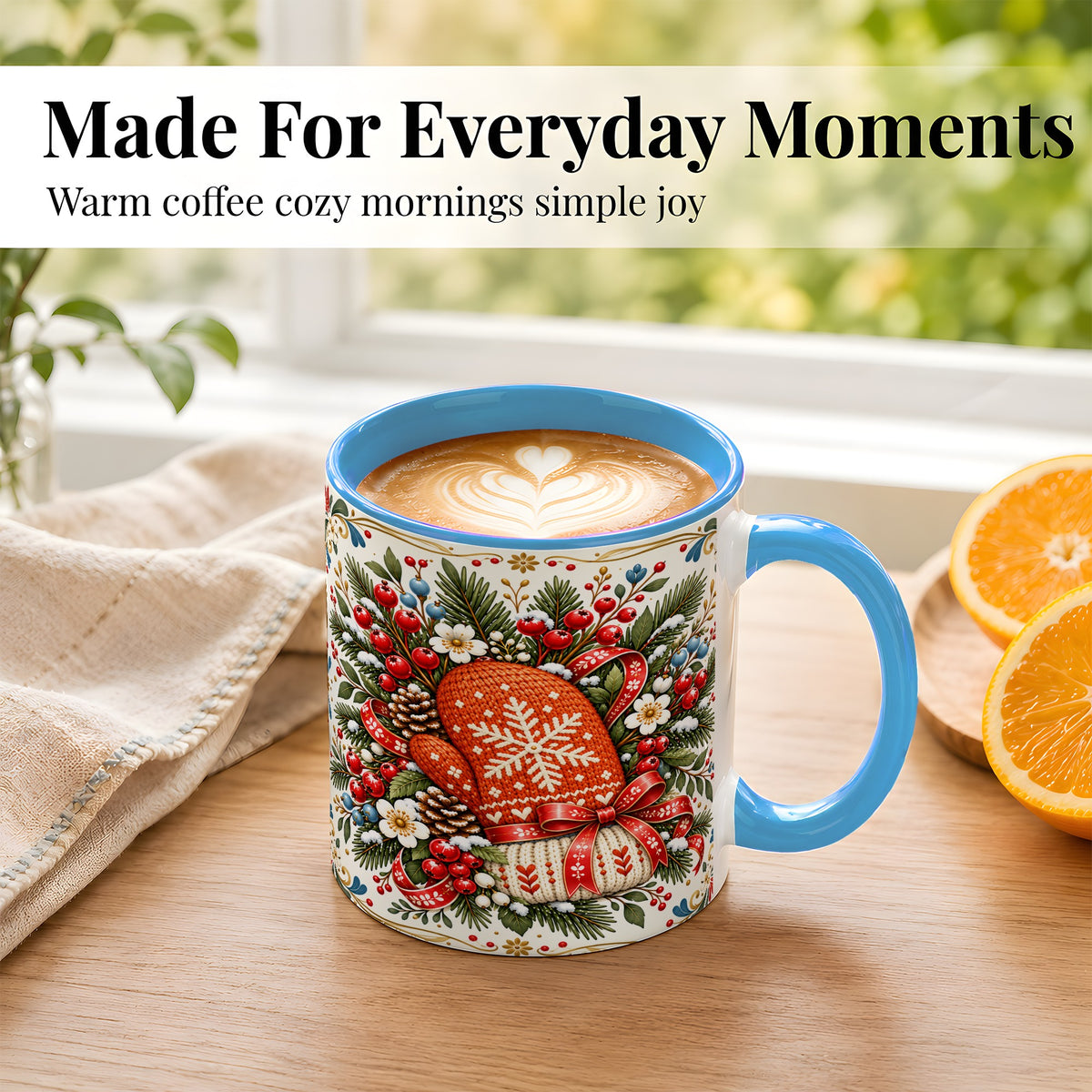 #pl[11oz|Blue] Christmas Mittens Coffee Mug, Winter Floral Mug, Ceramic Cup