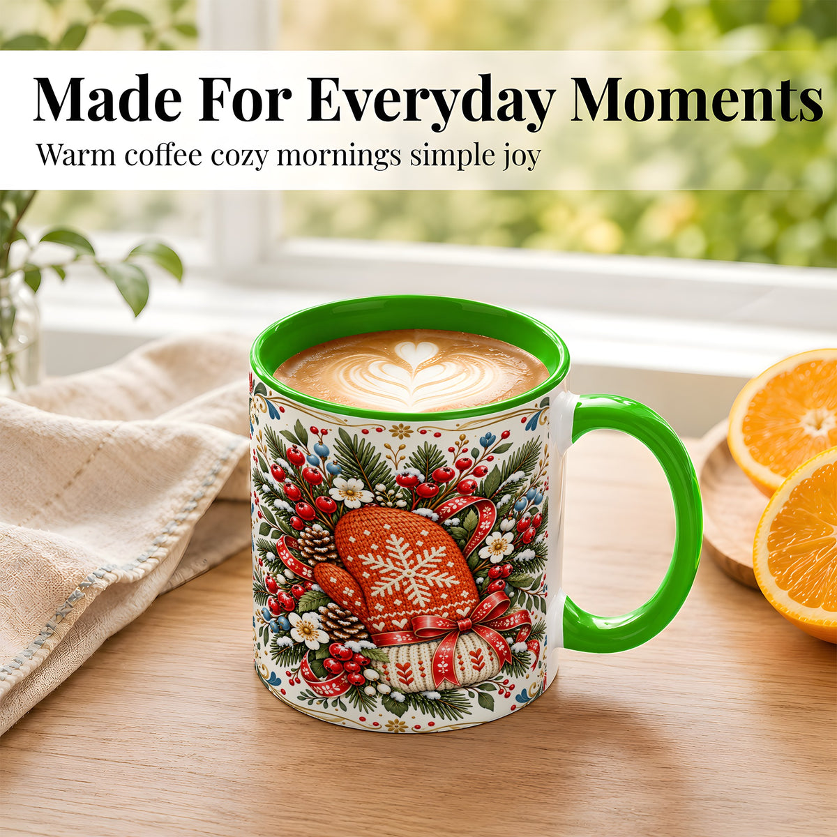 #pl[11oz|Green] Christmas Mittens Coffee Mug, Winter Floral Mug, Ceramic Cup