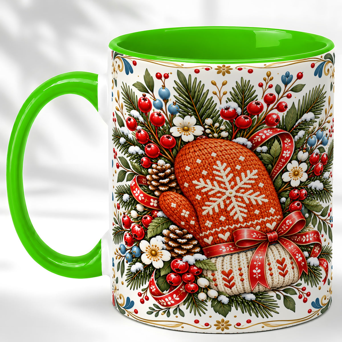 #pl[11oz|Green] Christmas Mittens Coffee Mug, Winter Floral Mug, Ceramic Cup
