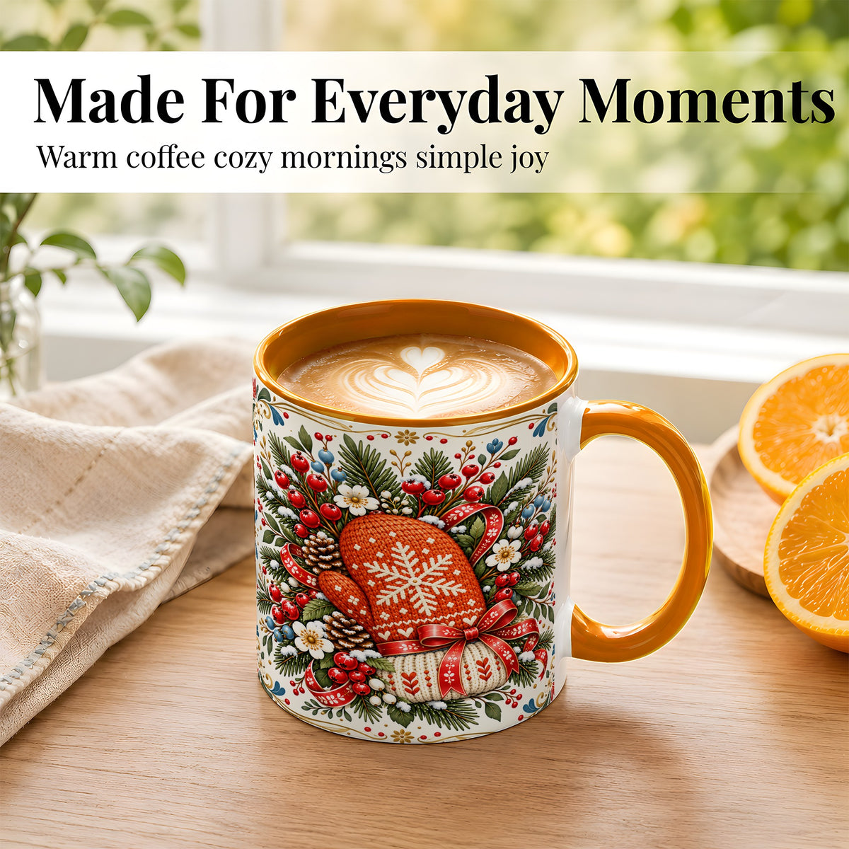 #pl[11oz|Orange] Christmas Mittens Coffee Mug, Winter Floral Mug, Ceramic Cup