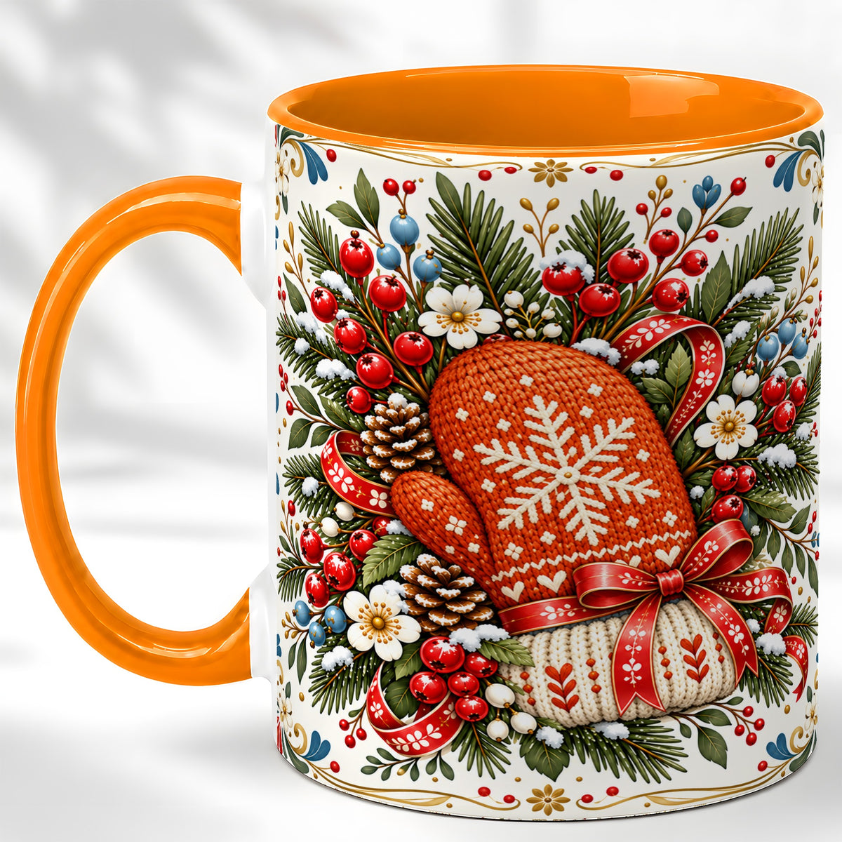 #pl[11oz|Orange] Christmas Mittens Coffee Mug, Winter Floral Mug, Ceramic Cup