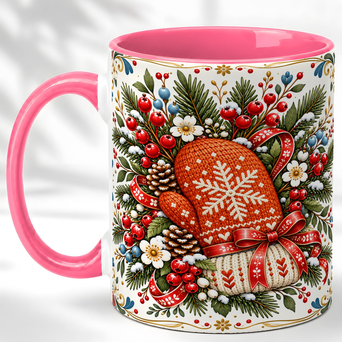 #pl[11oz|Pink] Christmas Mittens Coffee Mug, Winter Floral Mug, Ceramic Cup