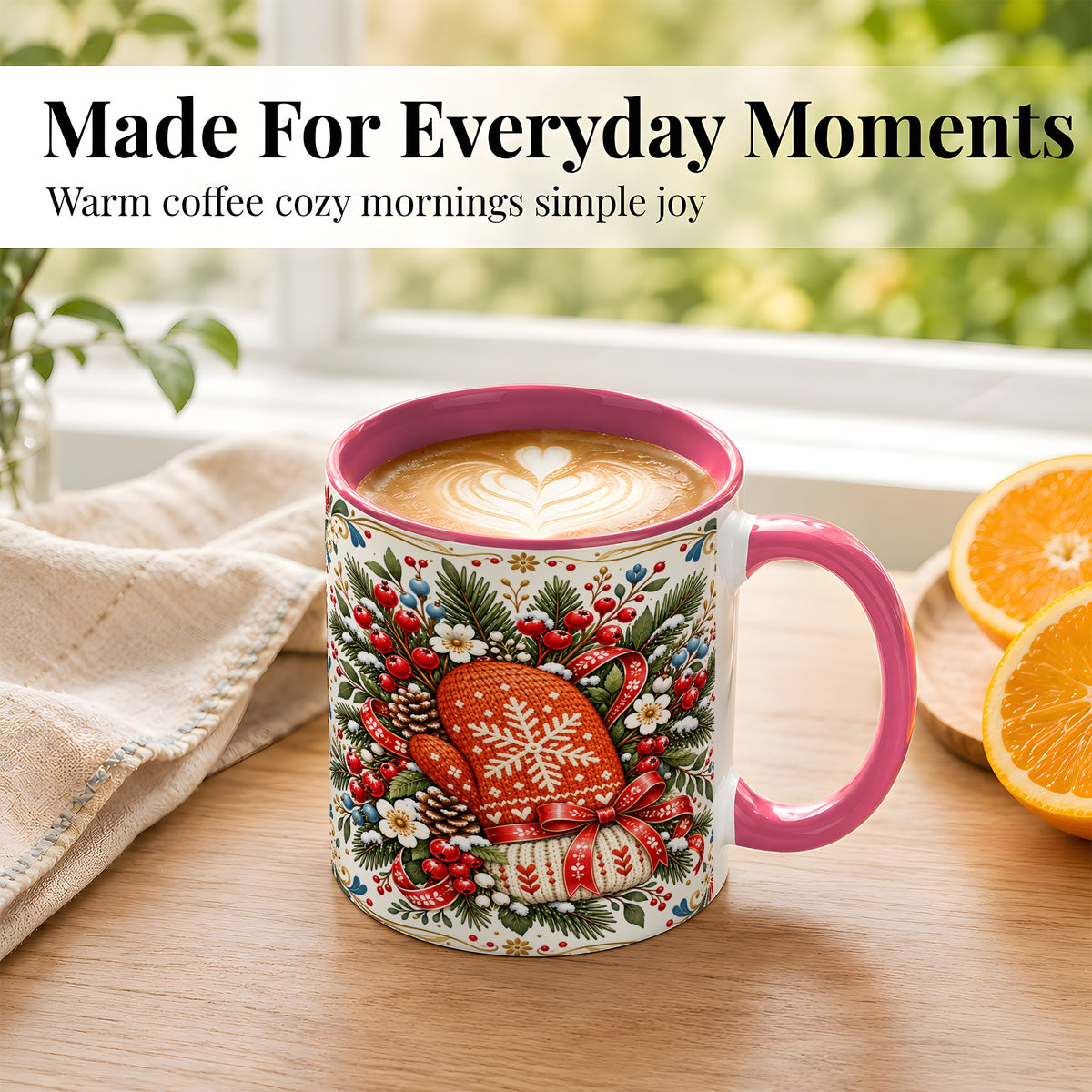 #pl[11oz|Pink] Christmas Mittens Coffee Mug, Winter Floral Mug, Ceramic Cup