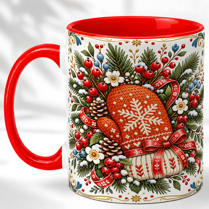 Christmas Mittens Coffee Mug, Winter Floral Mug, Ceramic Cup