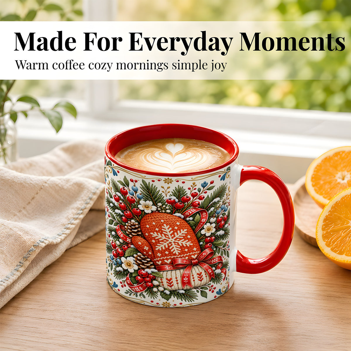 #pl[11oz|Red] Christmas Mittens Coffee Mug, Winter Floral Mug, Ceramic Cup