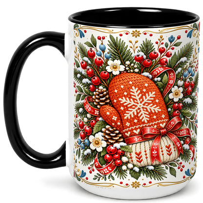 #pl[15oz|Black] Christmas Mittens Coffee Mug, Winter Floral Mug, Ceramic Cup