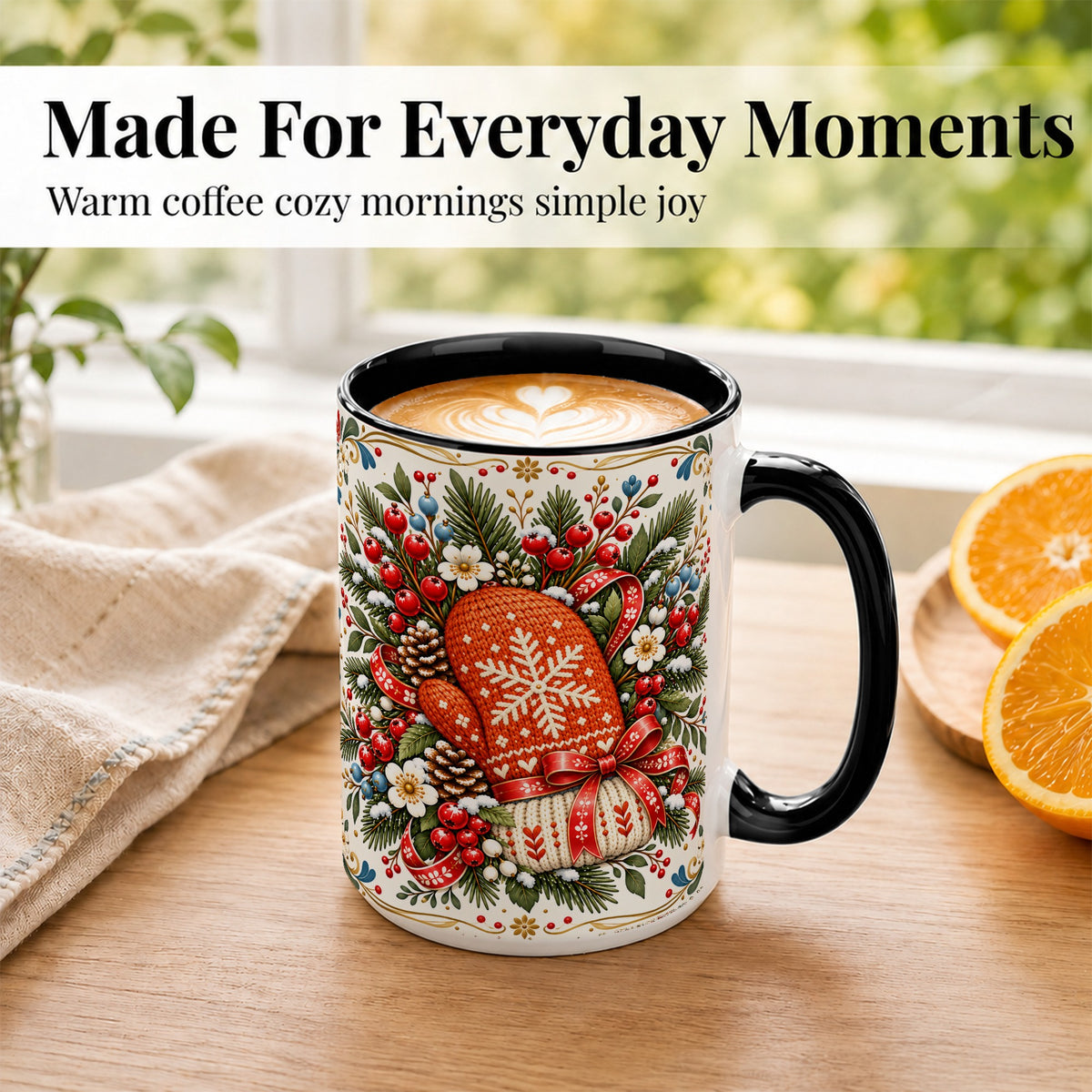#pl[15oz|Black] Christmas Mittens Coffee Mug, Winter Floral Mug, Ceramic Cup