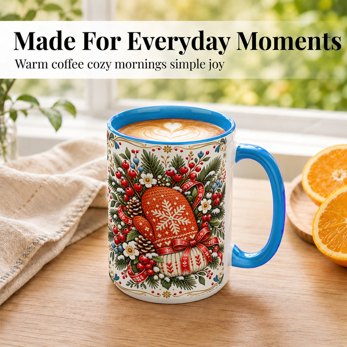 #pl[15oz|Blue] Christmas Mittens Coffee Mug, Winter Floral Mug, Ceramic Cup