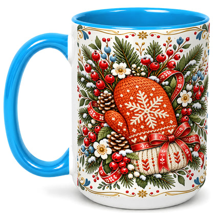#pl[15oz|Blue] Christmas Mittens Coffee Mug, Winter Floral Mug, Ceramic Cup