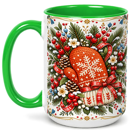 #pl[15oz|Green] Christmas Mittens Coffee Mug, Winter Floral Mug, Ceramic Cup