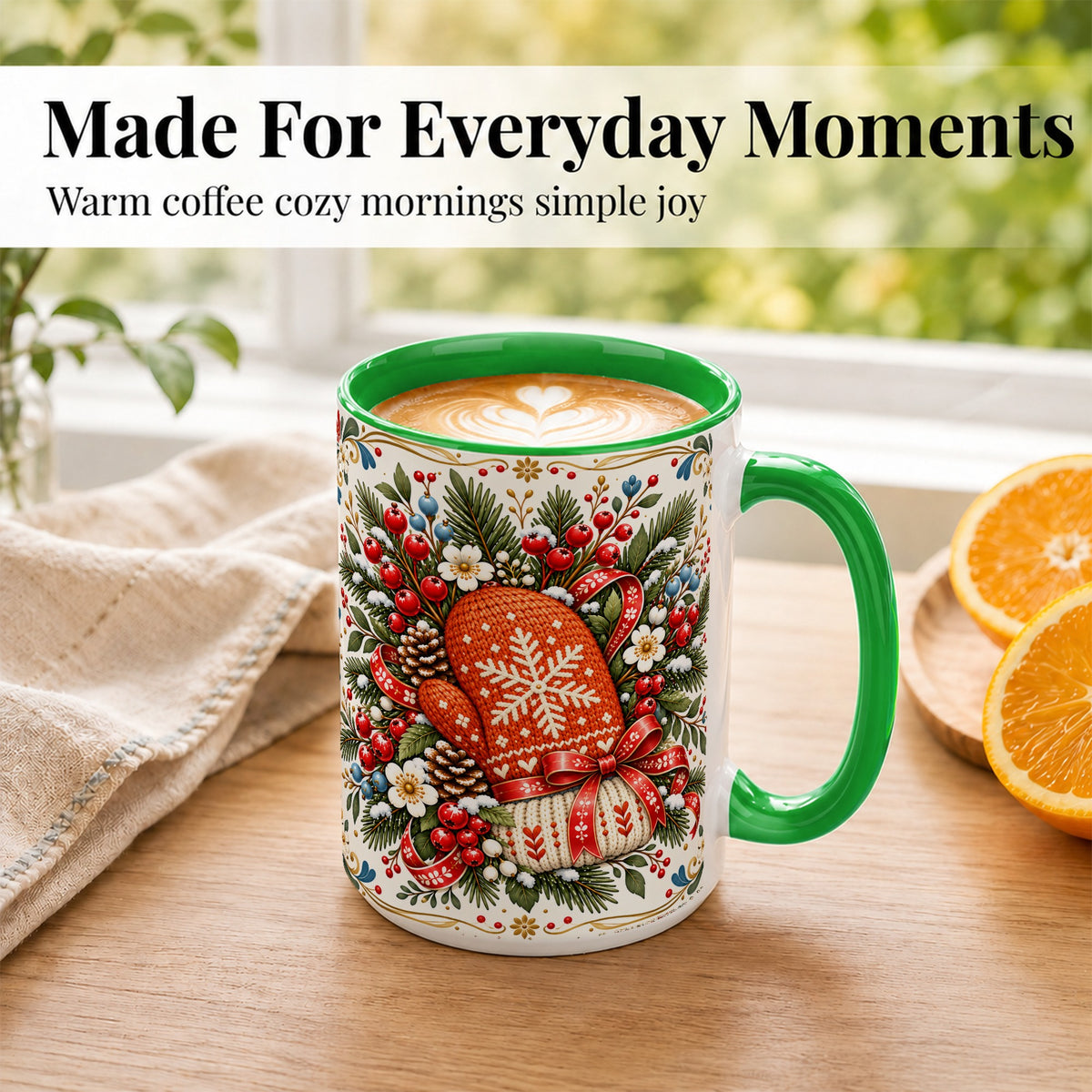 #pl[15oz|Green] Christmas Mittens Coffee Mug, Winter Floral Mug, Ceramic Cup