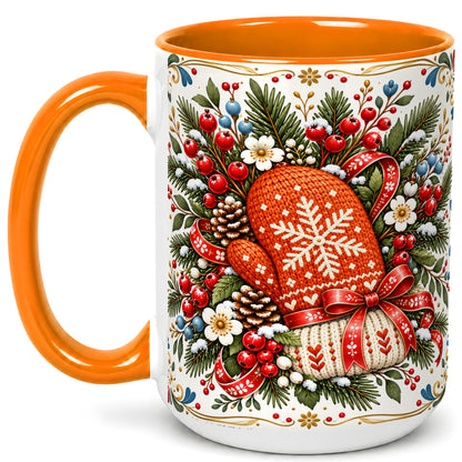 #pl[15oz|Orange] Christmas Mittens Coffee Mug, Winter Floral Mug, Ceramic Cup