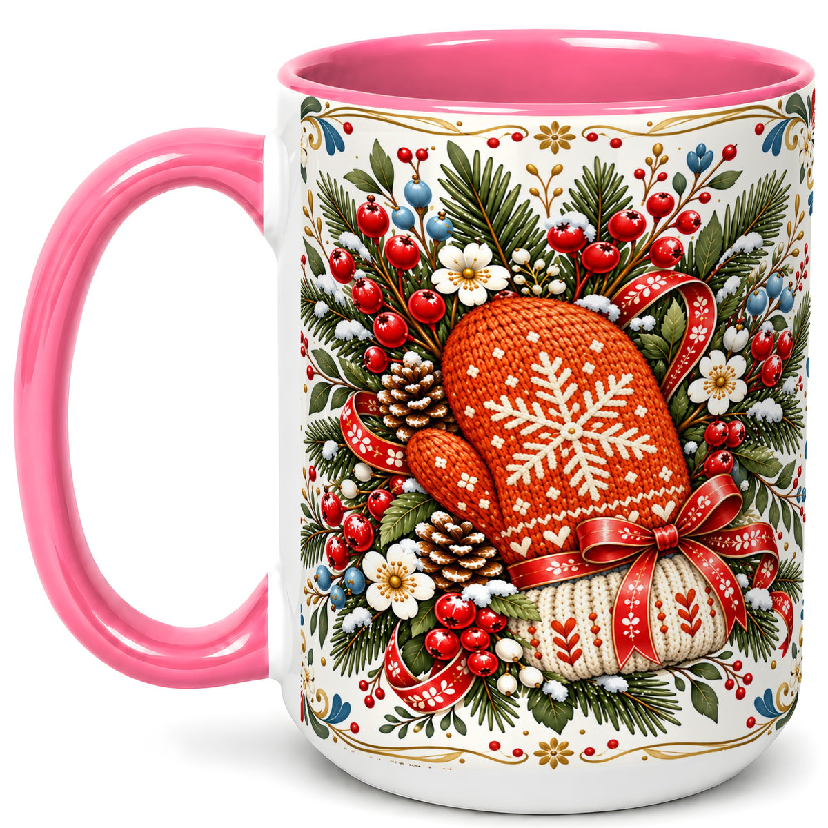 #pl[15oz|Pink] Christmas Mittens Coffee Mug, Winter Floral Mug, Ceramic Cup