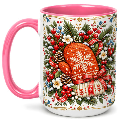 #pl[15oz|Pink] Christmas Mittens Coffee Mug, Winter Floral Mug, Ceramic Cup