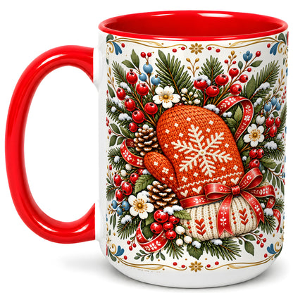 #pl[15oz|Red] Christmas Mittens Coffee Mug, Winter Floral Mug, Ceramic Cup
