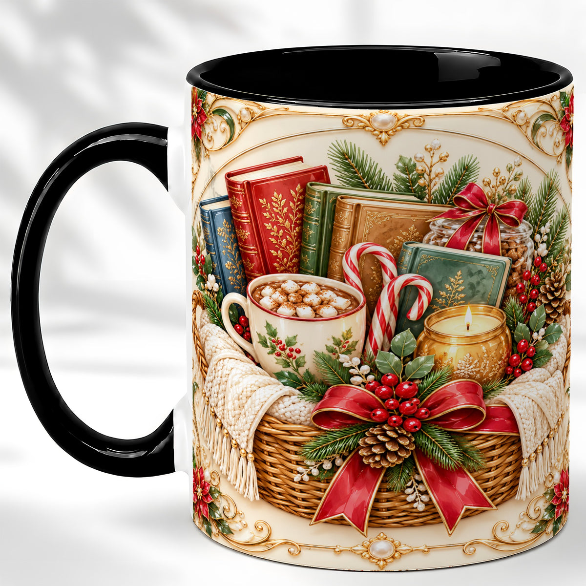 #pl[11oz|Black] Reading Basket Coffee Mug, Christmas Books Mug, Ceramic Cup