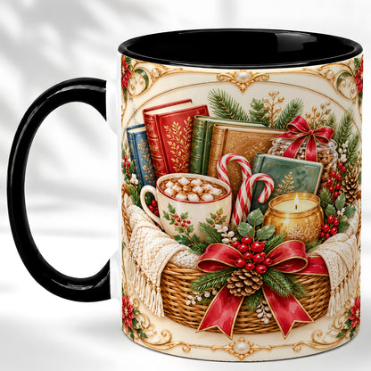 #pl[11oz|Black] Reading Basket Coffee Mug, Christmas Books Mug, Ceramic Cup