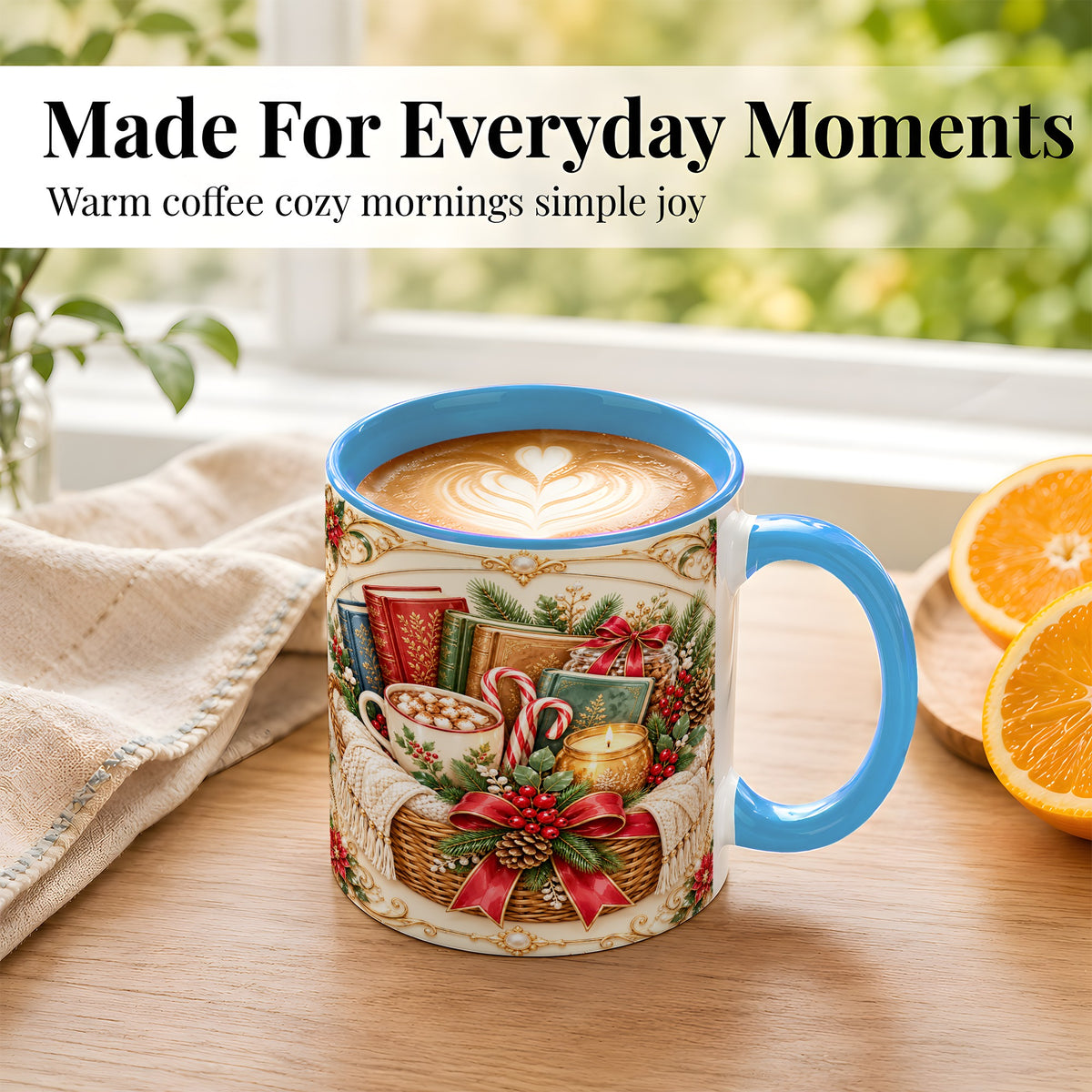 #pl[11oz|Blue] Reading Basket Coffee Mug, Christmas Books Mug, Ceramic Cup
