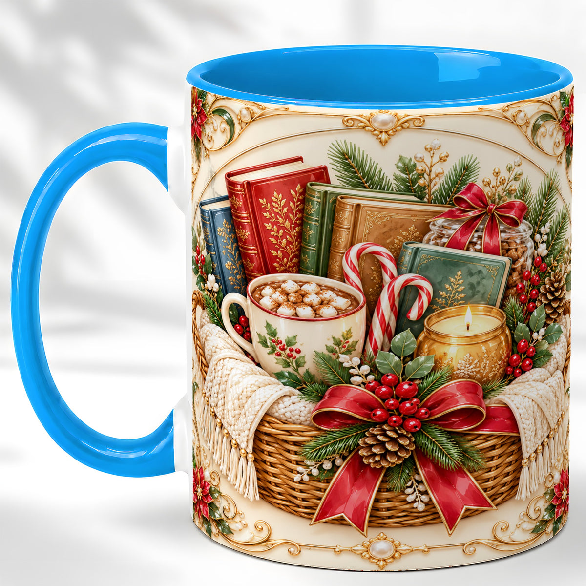 #pl[11oz|Blue] Reading Basket Coffee Mug, Christmas Books Mug, Ceramic Cup
