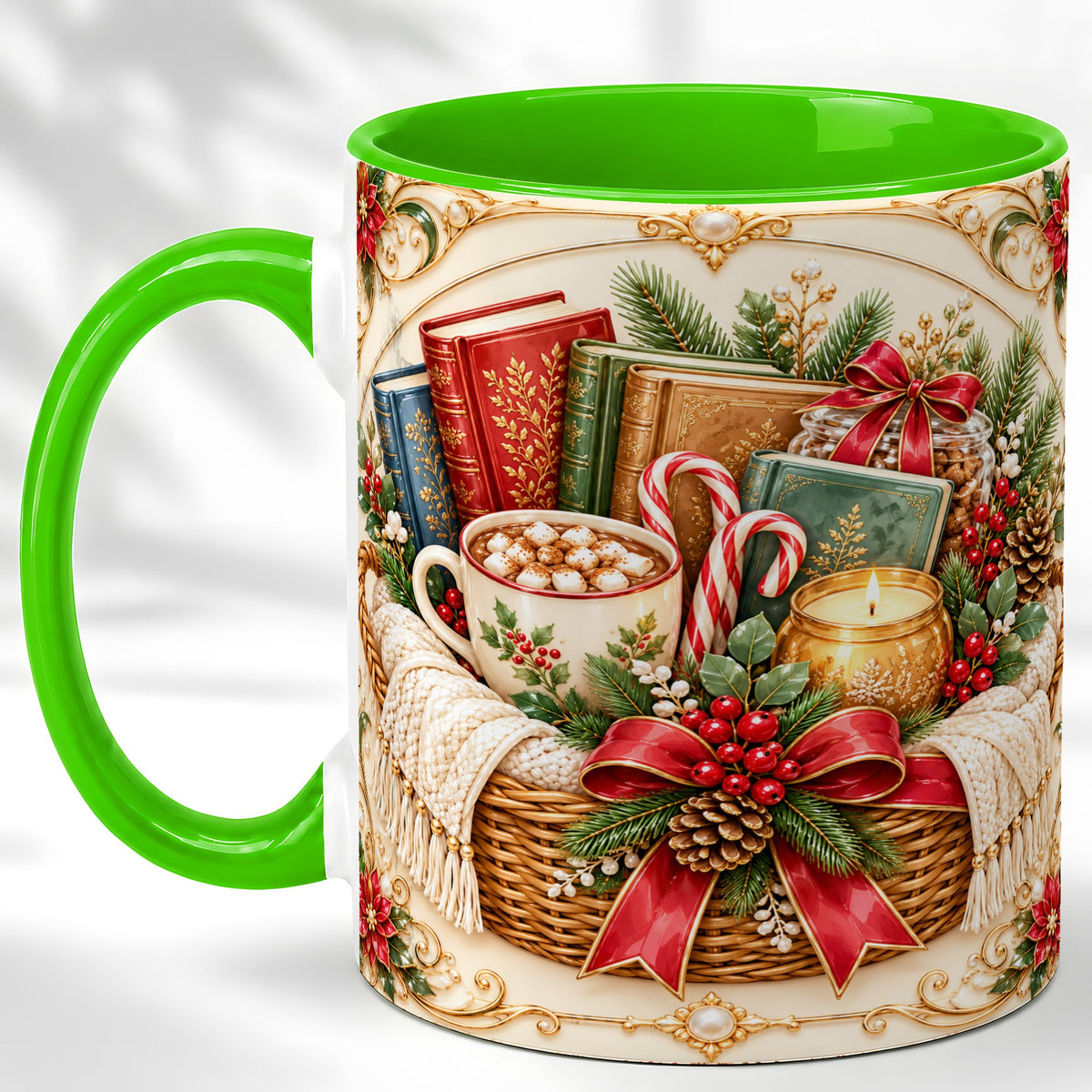 #pl[11oz|Green] Reading Basket Coffee Mug, Christmas Books Mug, Ceramic Cup
