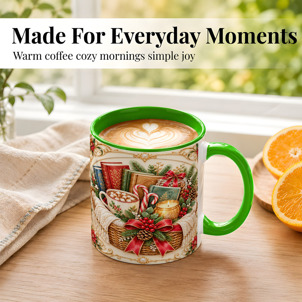 #pl[11oz|Green] Reading Basket Coffee Mug, Christmas Books Mug, Ceramic Cup