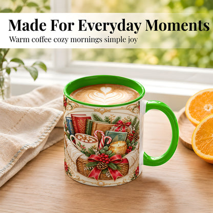 #pl[11oz|Green] Reading Basket Coffee Mug, Christmas Books Mug, Ceramic Cup