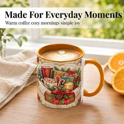 #pl[11oz|Orange] Reading Basket Coffee Mug, Christmas Books Mug, Ceramic Cup