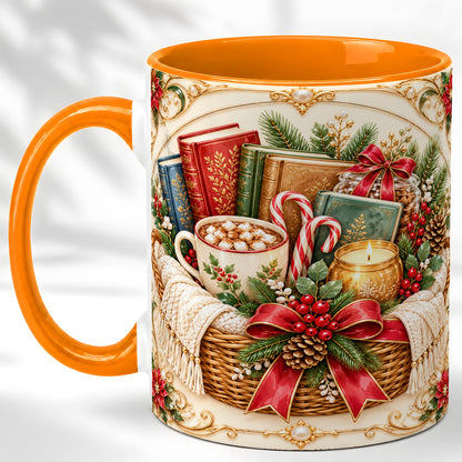 #pl[11oz|Orange] Reading Basket Coffee Mug, Christmas Books Mug, Ceramic Cup