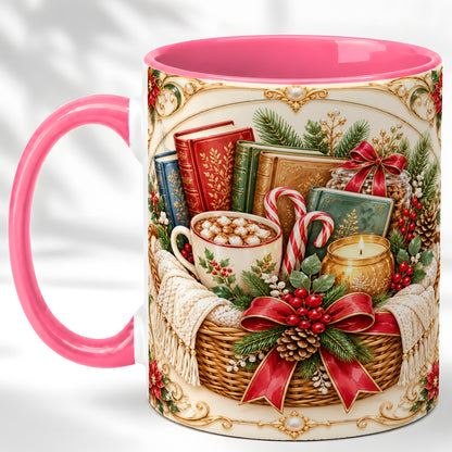 #pl[11oz|Pink] Reading Basket Coffee Mug, Christmas Books Mug, Ceramic Cup