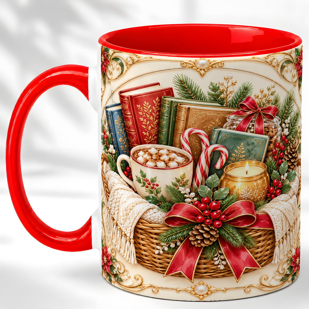 Reading Basket Coffee Mug, Christmas Books Mug, Ceramic Cup