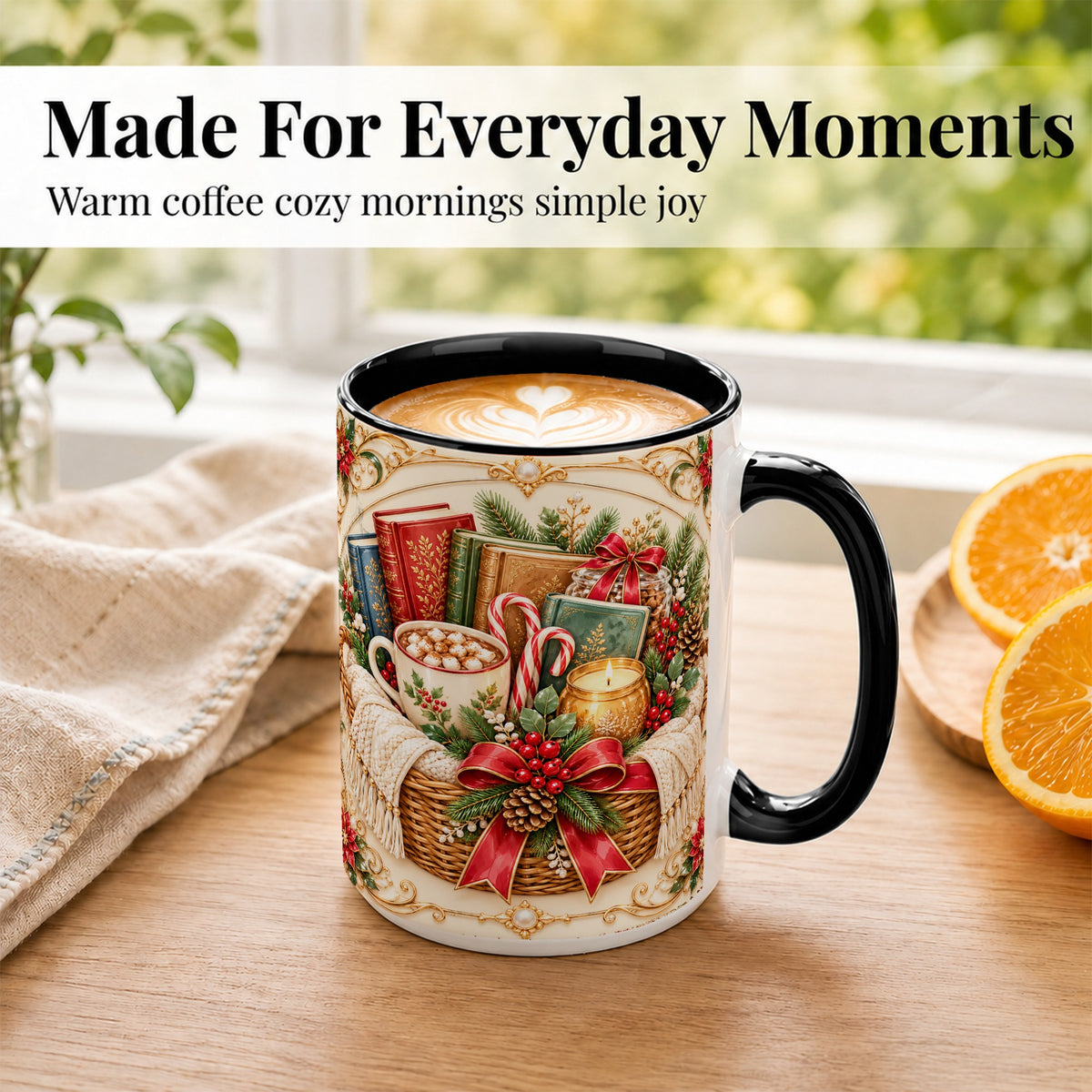 #pl[15oz|Black] Reading Basket Coffee Mug, Christmas Books Mug, Ceramic Cup