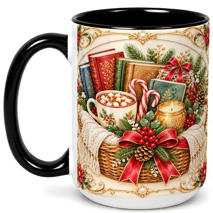 #pl[15oz|Black] Reading Basket Coffee Mug, Christmas Books Mug, Ceramic Cup