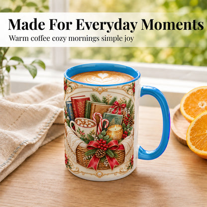 #pl[15oz|Blue] Reading Basket Coffee Mug, Christmas Books Mug, Ceramic Cup