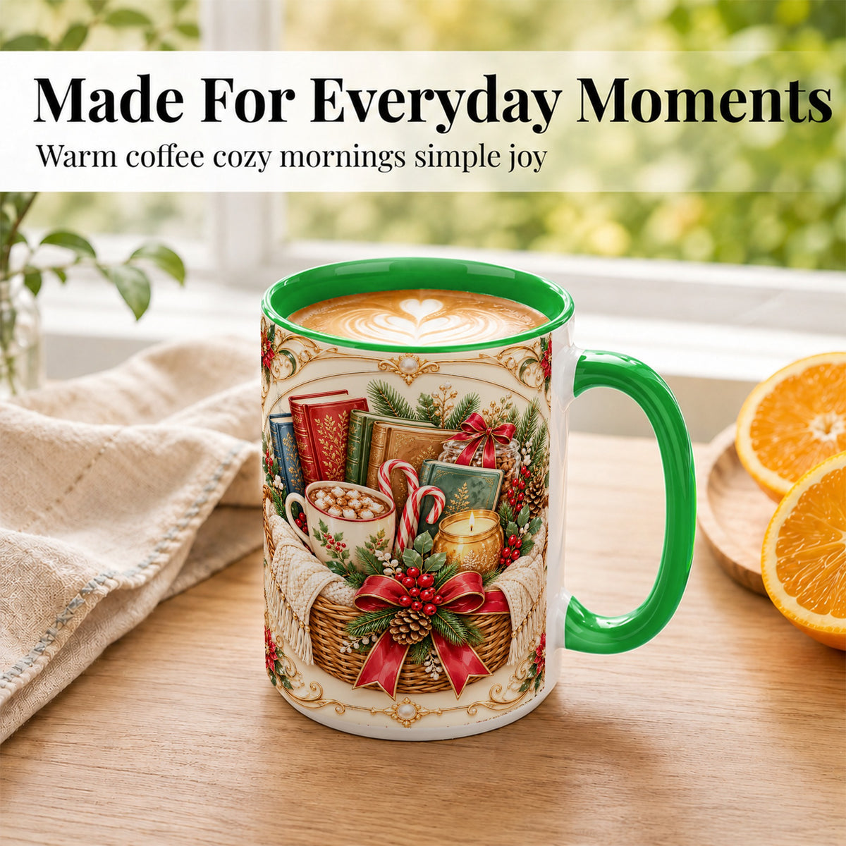 #pl[15oz|Green] Reading Basket Coffee Mug, Christmas Books Mug, Ceramic Cup