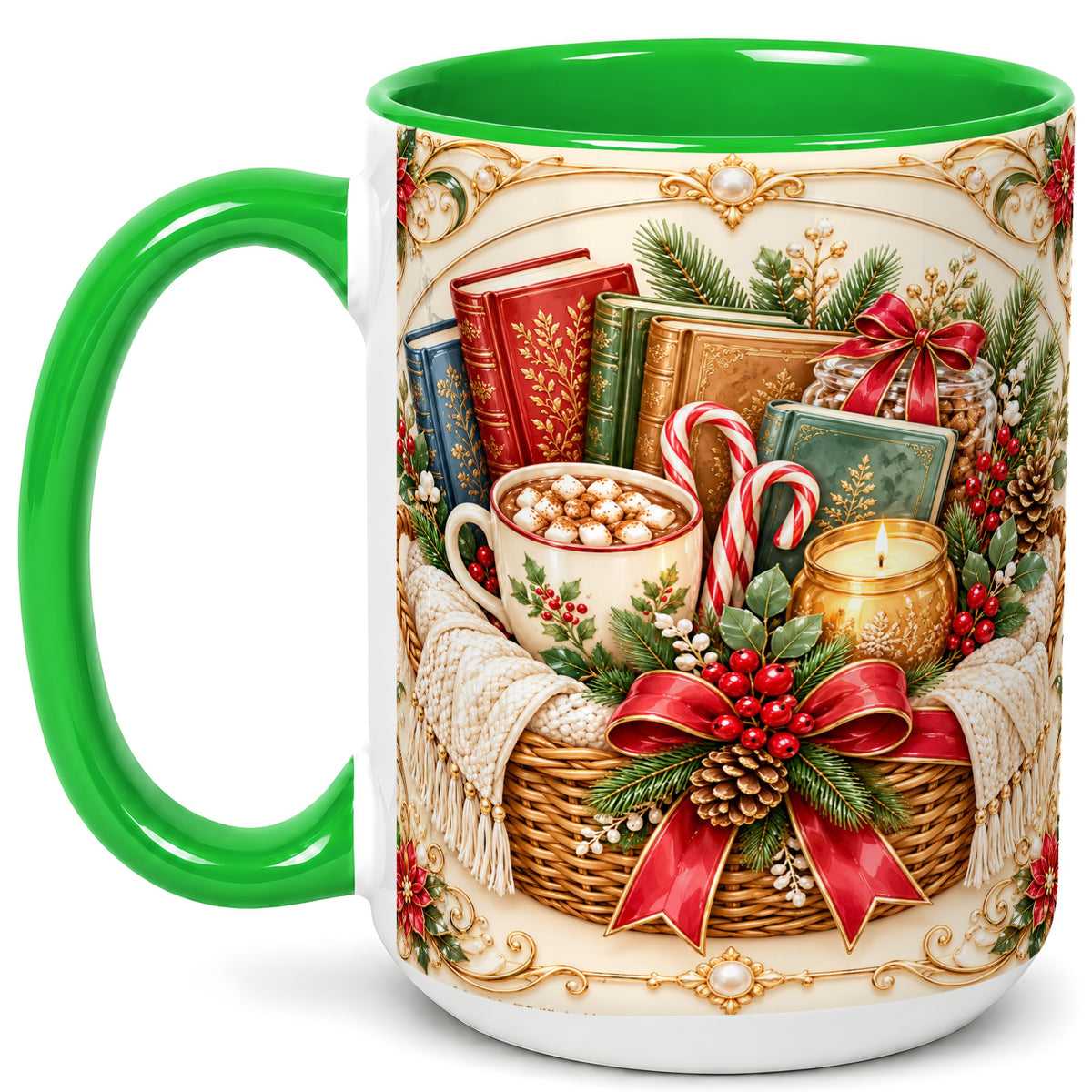 #pl[15oz|Green] Reading Basket Coffee Mug, Christmas Books Mug, Ceramic Cup