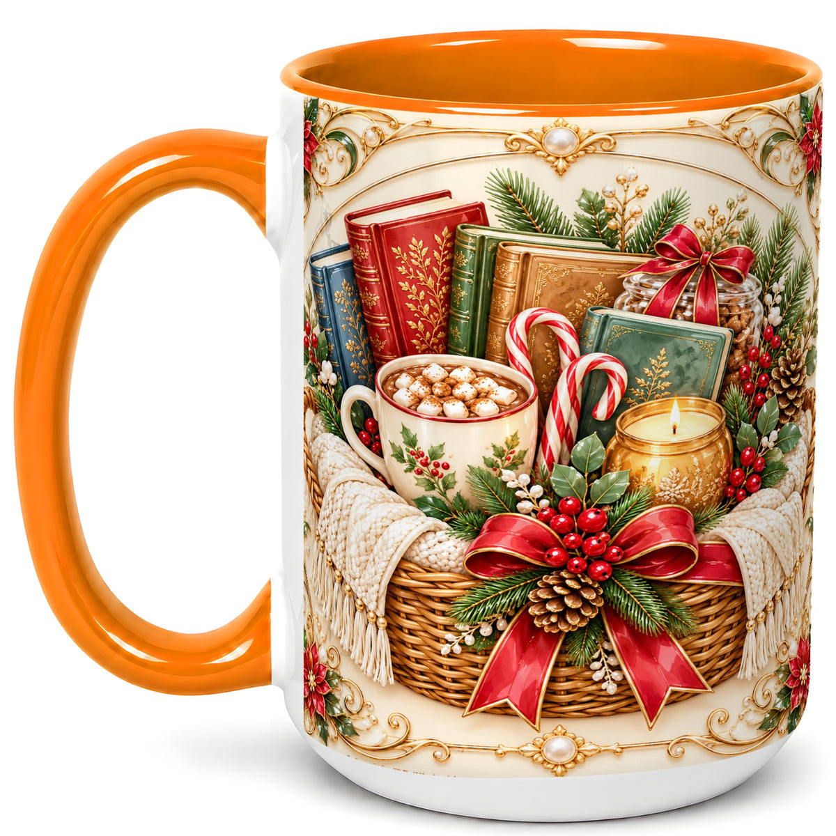 #pl[15oz|Orange] Reading Basket Coffee Mug, Christmas Books Mug, Ceramic Cup