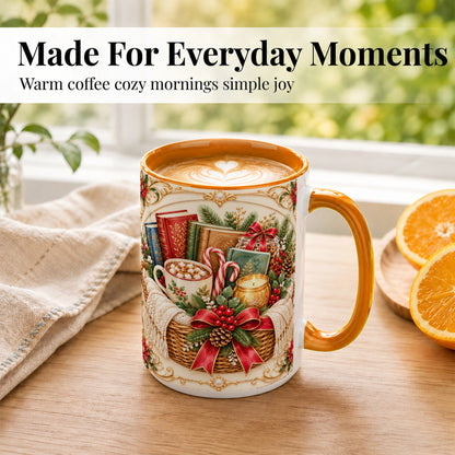 #pl[15oz|Orange] Reading Basket Coffee Mug, Christmas Books Mug, Ceramic Cup