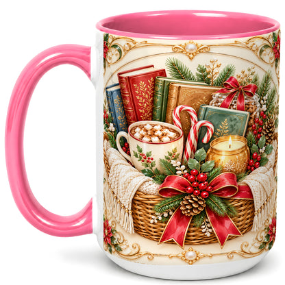 #pl[15oz|Pink] Reading Basket Coffee Mug, Christmas Books Mug, Ceramic Cup